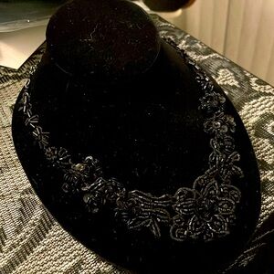 ♥️ Elegant Dress Black Rare SOFT BEADED *LACE NECKLACE* Floral Sequined Evening